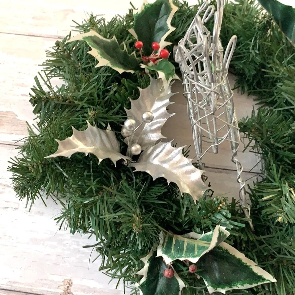 Christmas Holiday Candle Ring Wreath Table Decor Faux Plants Silver Reindeer